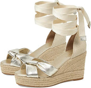 Cole Haan Cloudfeel Hampton Soft Gold Leather/Natural Canvas Wedge Heeled Sandal