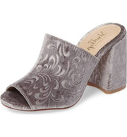 Shellys London Dalia Grey Embossed Design Velvet Chunky Heel Open Toe Mules