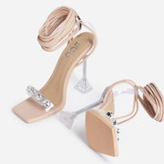 LuxeModa Reina Gem Detail Square Toe Lace Up Clear Perspex Pyramid Heel, NUDE