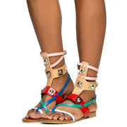Cape Robbin Emily-63 Colorful Strappy Colorblock Hardware Gladiator Flats Sandal