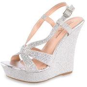 Lauren Lorraine Nika Silver Sparkle Fashion Wedge Platform Ankle Strap Sandals