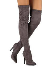 Liliana Gisele-7 Grey Suede Thigh High Stretchy Suede Pointed Toe Stiletto Boot