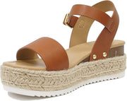 Soda Clip Tan Open Toe Faux Leather Buckle Ankle Strap Wedges Heeled Sandals