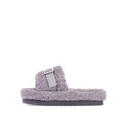Luxemoda Womens Buzzing Grey Buckle Detail Flatform Slider Faux Fur Sandals