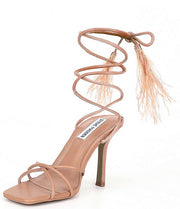 Steve Madden Bryden Tan Lace Up Open Toe Feather Detailed Stiletto Heeled Sandal