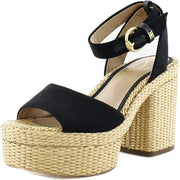 Sam Edelman Immie Black Linen Ankle Strap Open Toe Block Heeled Sandals