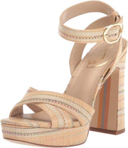 Sam Edelman Kayna Natural Raffia Ankle Strap Square Open Toe Block Heeled Sandal