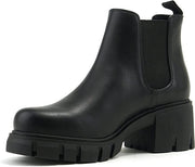 Soda Pioneer Black Lug Sole Mid Heel Gore Chelsea Fashion Ankle Elastic Booties