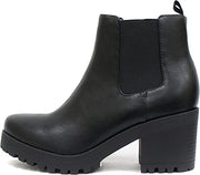 Soda Jaber Black Pu Chunky Lug Sole Elastic Gore Pull On Wide Chelsea Ankle Boot