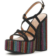 Jessica Simpson Salih Black Rainbow Disco Buckle Straps Block Heel Platform Sandals