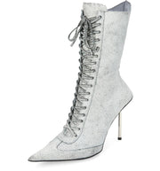Jeffrey Campbell Bringiton White Crackle Stiletto Heel Pointed Toe Lace Up Boots
