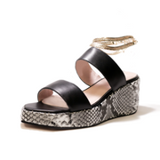 Cecelia New York BALEVES Leather Wedge Heeled Platform Sandals Black Snake gold