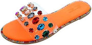 Liliana Honnay-2 Orange Clear Rhinestone Gem Slip On Slide Mule Flat Sandals