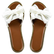 Sksshion Women's Bow Knot White Slides Open Toe Flat Summer Slip On Sandals 10