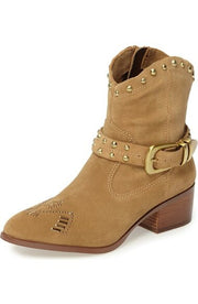 BCBG Lokki Cowboy Ankle Bootie Nude Suede Western Cowgirls Studded Buckle Boots