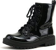 Soda Firm Black Patent Lace Up Rounded Toe Chunky Platform Combat Ankle Boots