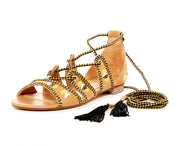 Schutz Mulan Sandal Lightwood Tie Up Open Toe Strappy Caged Flats Sandals