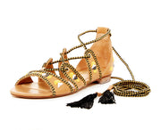 Schutz Mulan Sandal Lightwood Tie Up Open Toe Strappy Caged Flats Sandals