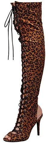 Breckelles Randi-23 Leopard Lace Up Stiletto Heeled Peep Toe Thigh High Boots