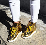Cape Robbin Fair-6 Mirror Shiny Hidden Wedge Fashion Sneaker Shoe Lace Up Gold