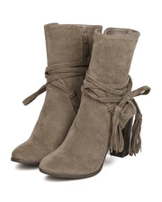Breckelles Hilary-71 Beige Faux Suede Wraparound Tassel Chunky Heel Booties