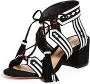 Schutz Women's Liessel Block Heel Sandals,Black/White Tie Up Block Heel Sandals