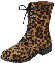 Forever Link Jalen-88 Leopard Round Toe Military Lace up Low Heel Combat Boots