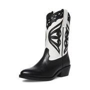 Steve Madden Laredo-M Black/White Western Cowboy Stacked Block Heel Ankle Boots