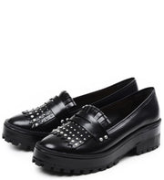 Schutz Vibby Black Leather Embellished Tasseled Lug Sole Oxford Chunky Heel Shoe