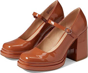 Steve Madden Olivvia Cognac Patent Slip On Block Heel Square Toe Mary Jane Pumps