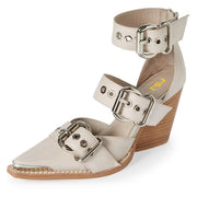 FSJ Women Metal Buckle Leather Strappy Wedge Stacked Fashion Pumps Shoes