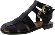 Sam Edelman Dawn Black Leather Ankle Strap Square Toe Buckle Flats Sandals