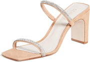 Schutz Salwa Nude Suede Rhinestone Open Toe Thin Strap Mid Heel Mule Sandals