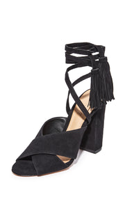 Schutz Damila Dress Sandal Black Suede CrissCross Tie Up Open Chunky Heel Sandal