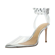 Schutz Cleary Transparent/Silver Womens Dress Stiletto Ankle Strap Pumps Shoes