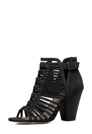 Shoedazzle Greer Black Fashion Caged Block Mid Heel Open Toe Ankle Pumps