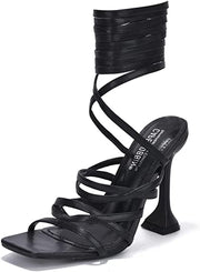 Cape Robbin Jenni Lace-Up Light Strappy Stiletto Flared Heel Square Open Toe Sandals Black