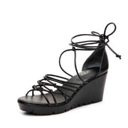 Charles David Vegas Black Leather Strappy Low Platform Tie Up Wedge Sandals