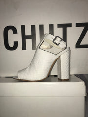 Schutz Tallie Pearl White Leather Ankle Strap Open Toe Bootie Pumps