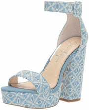 Jessica Simpson Flowered Denim Blue Heeled Wrapped Platform Heeled Sandals