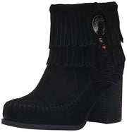 Sbicca Jessa Black Suede Rounded Toe Fringe Block Heel Ankle Booties