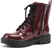 Soda Firm Burgundy Patent Lace Up Round Toe Chunky Combat Ankle Wide Boots
