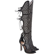 Schutz Jessa Black Suede Mesh Studded Peep Toe Knee High Heel Tie Back Gladiator