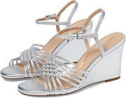 Cole Haan Jitney Knot Silver Leather Ankle Strap Open Toe Wedge Heeled Sandals