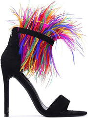 Cape Robbin Yuki-7 Black Feather Ankle Cuff Open Stiletto Heeled Sandal Pumps