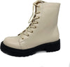 WuORWu Beige Fashion Lace Up Rounded Toe Chunky Platform Combat Ankle Boots