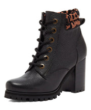 Kelsi Dagger Trek Black/Leopard Lace Up Combat Leather Block Heel Ankle Booties