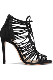 Schutz Naama Black Suede Strappy Caged High Heel Single Sole Sandals