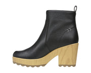 Dr Scholl's Win Over Black Leather Block Heel Wood Platform Clog Ankle Boots