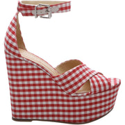 Schutz Red White Gingham Serennas Wrapped Wedge Platform Open Toe Sandals